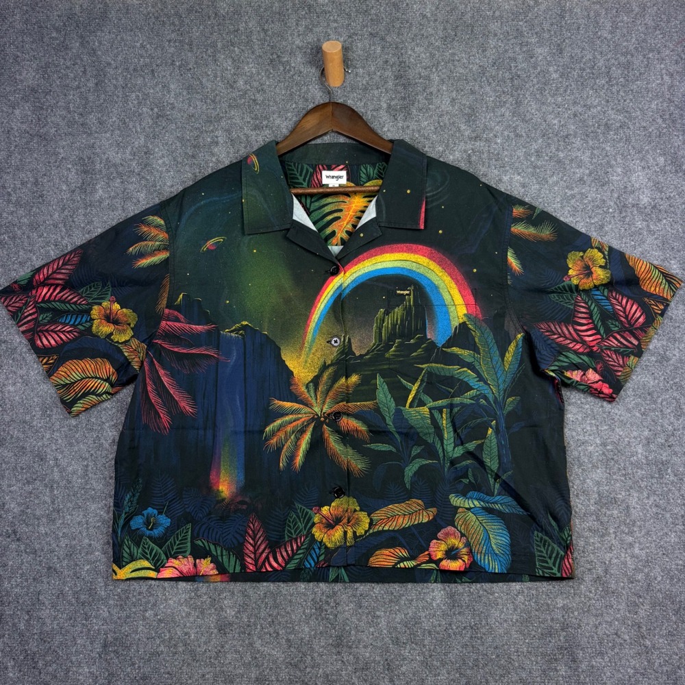 Wrangler Shirt Womens XL Black Tropical Rainbow Space Galaxy Cotton Button Down